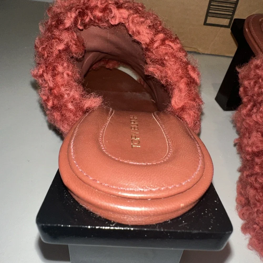 Tory Birch Size 10M Block T Heel Mule Kaku Shearling Sandal 80mm Smoked Paprika